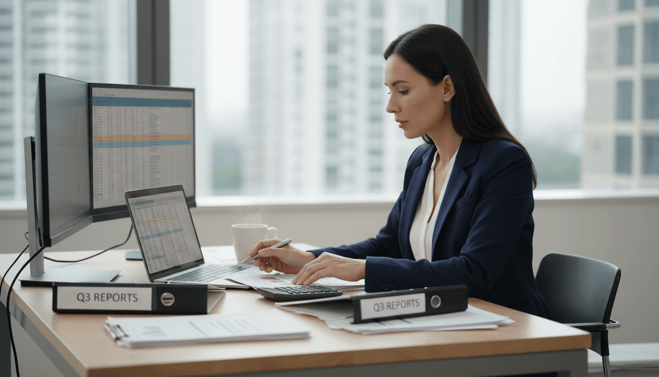 Professional accountant reviewing financial documents at modern office desk