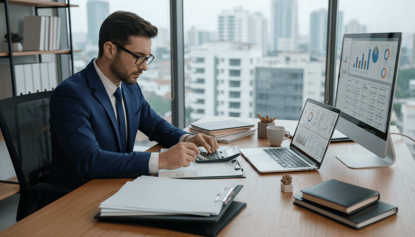 Professional accountant reviewing financial documents at desk with calculator and laptop