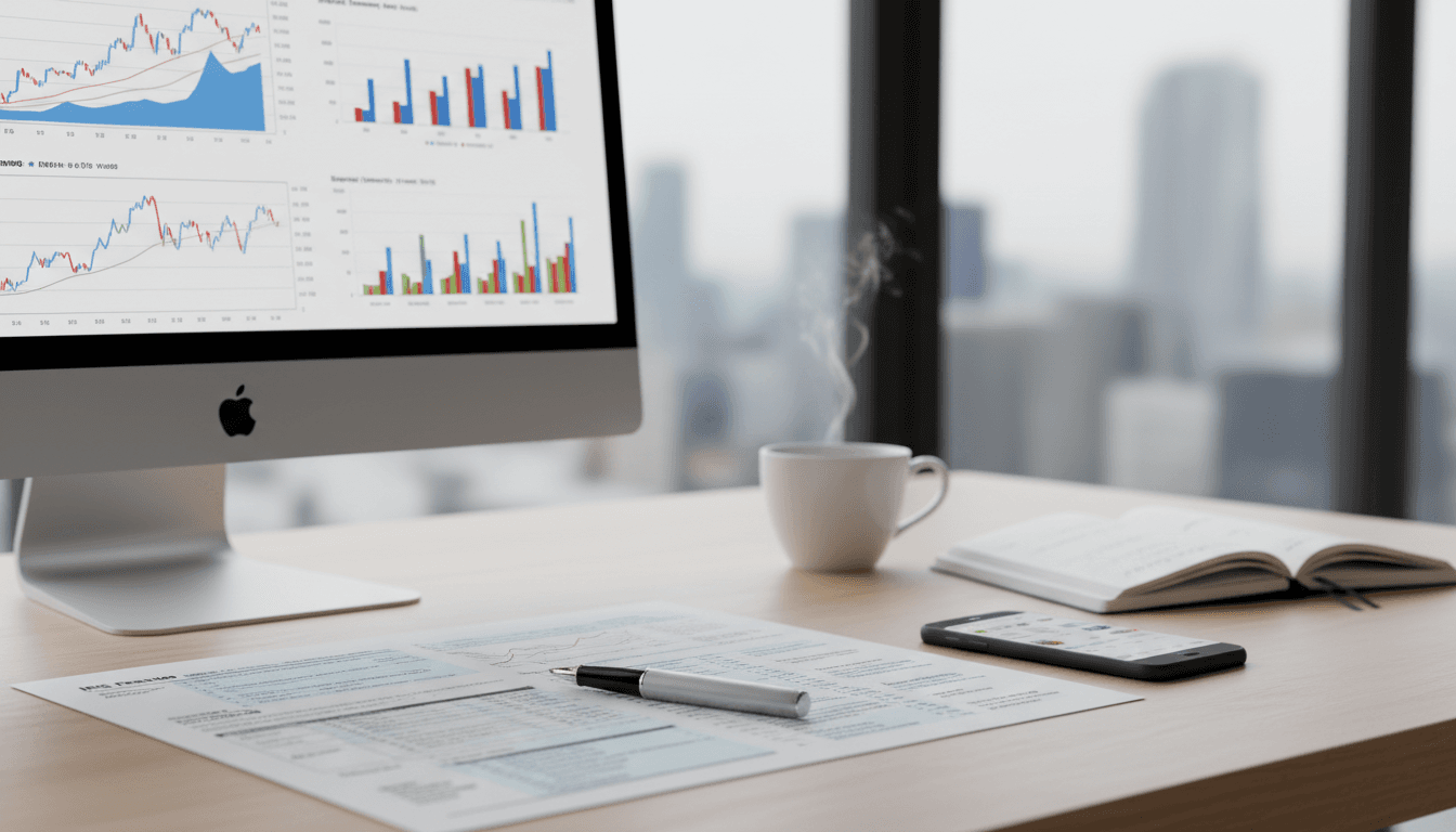 Close-up of financial charts and tax forms on desk with pen and coffee cup