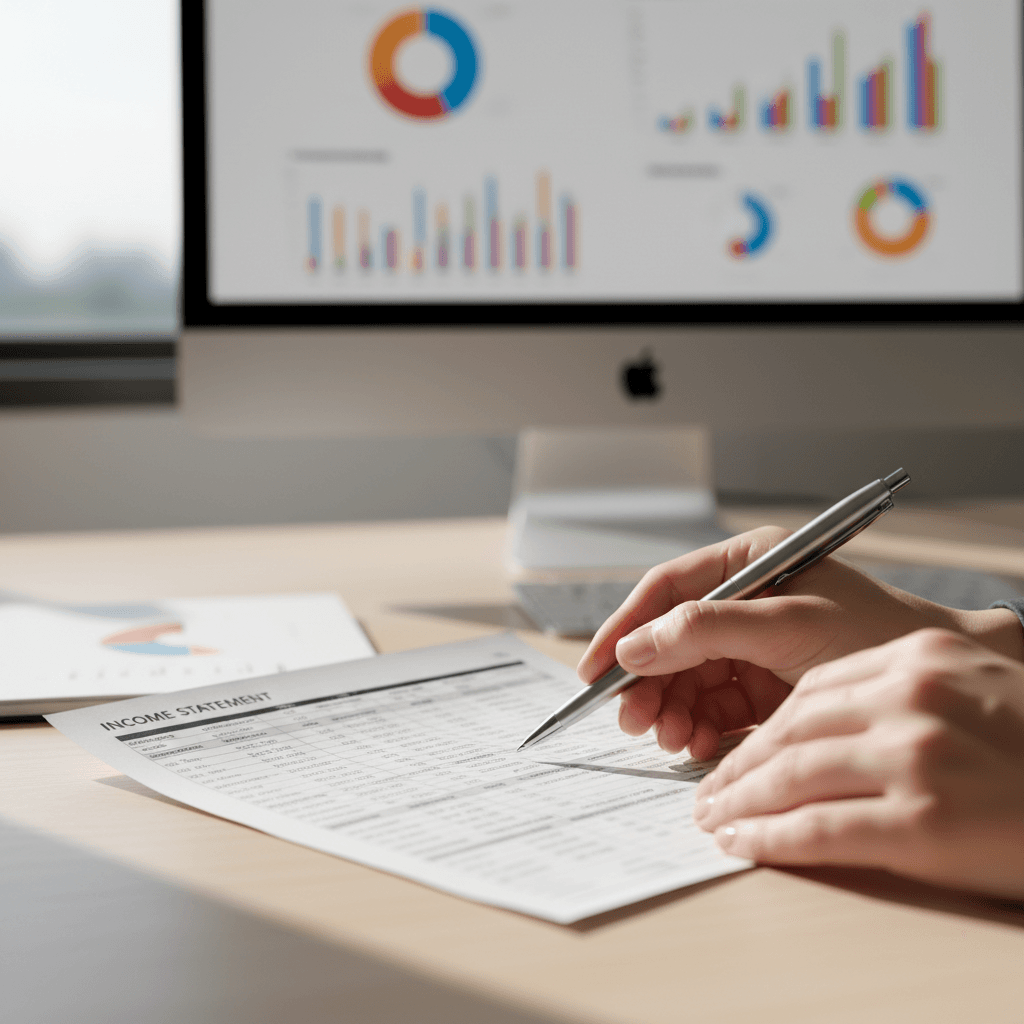 Professional working with financial documents and accounting materials at a desk