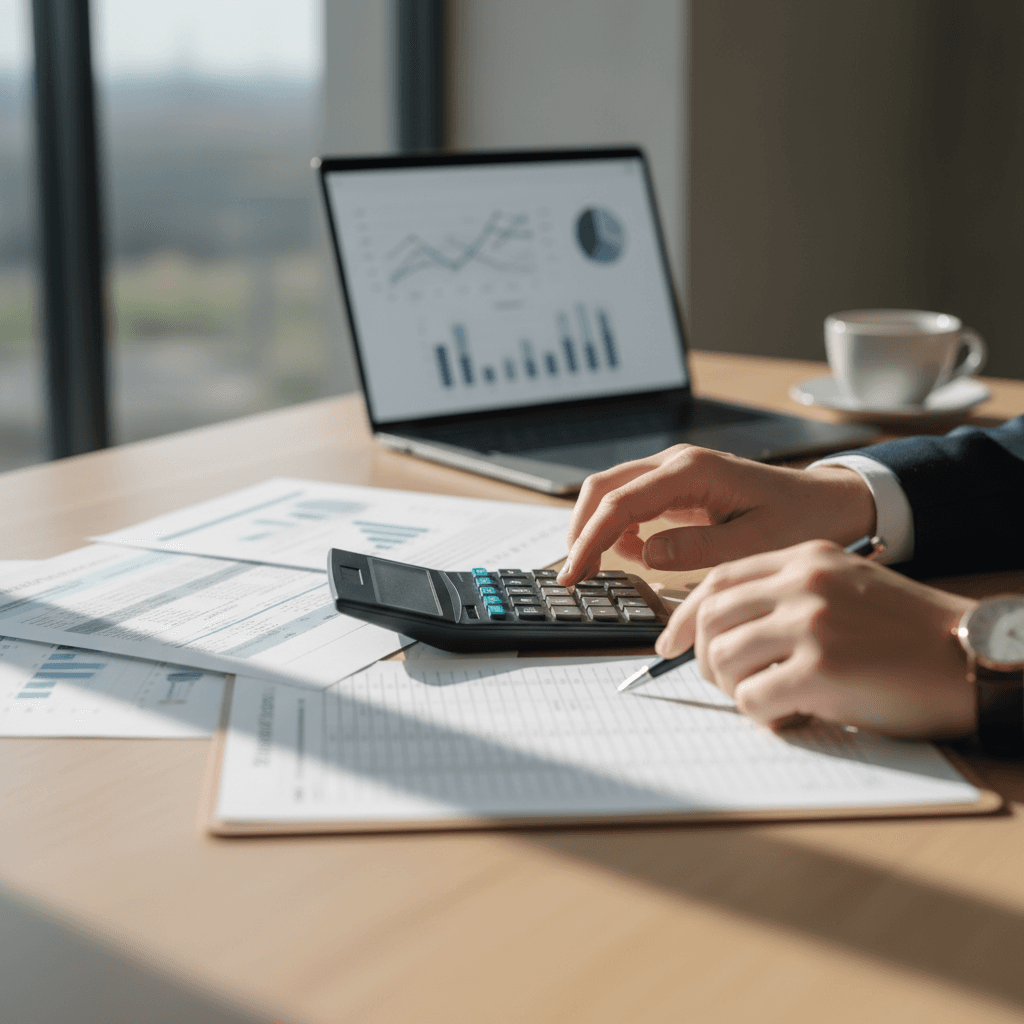 Professional accountant reviewing financial documents at organized desk with modern office setup
