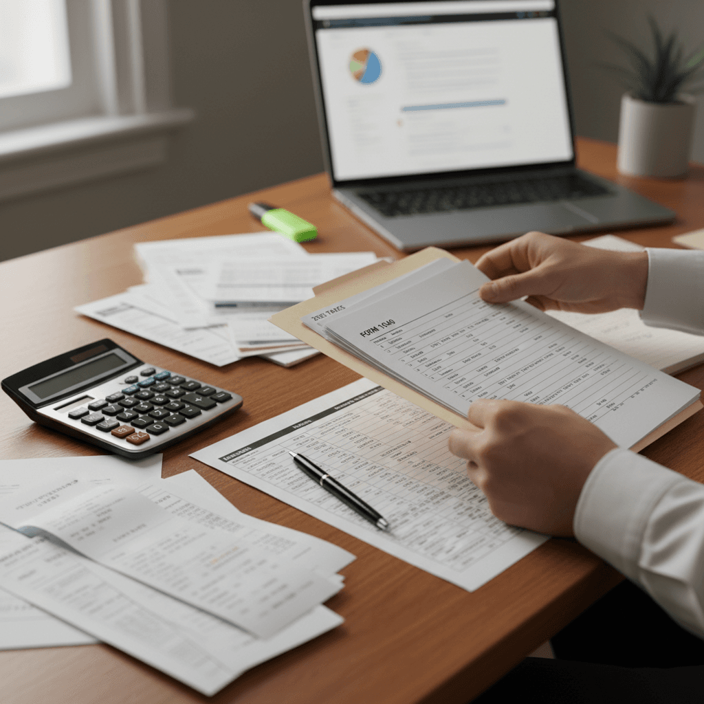 Tax forms and calculator representing accounting services