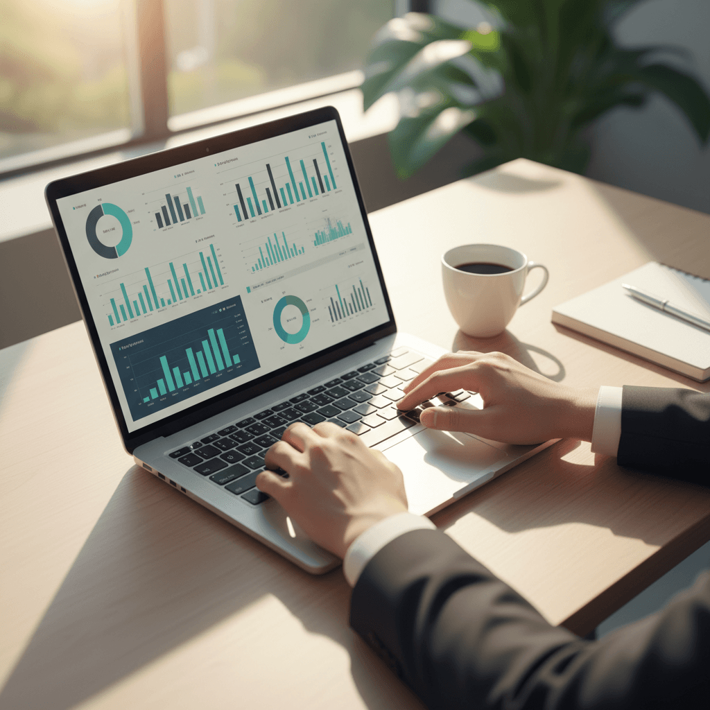 Professional accountant working at modern office desk with laptop and financial documents