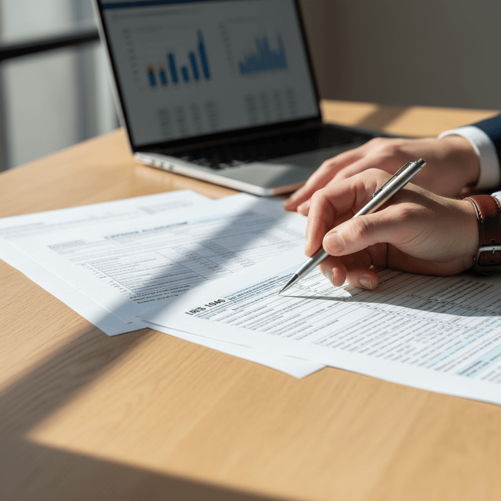 Hands reviewing financial statements and tax documents on desk
