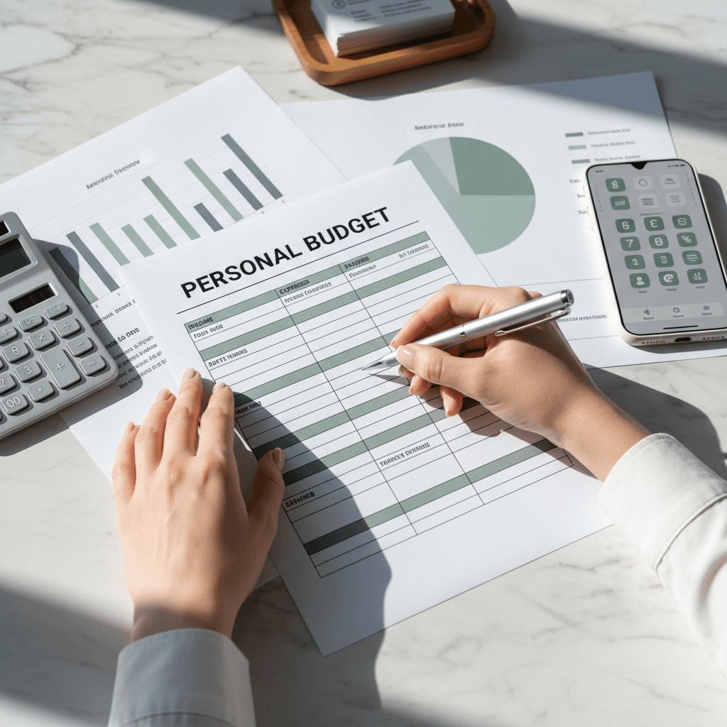 Calculator and organized financial records displayed on desk